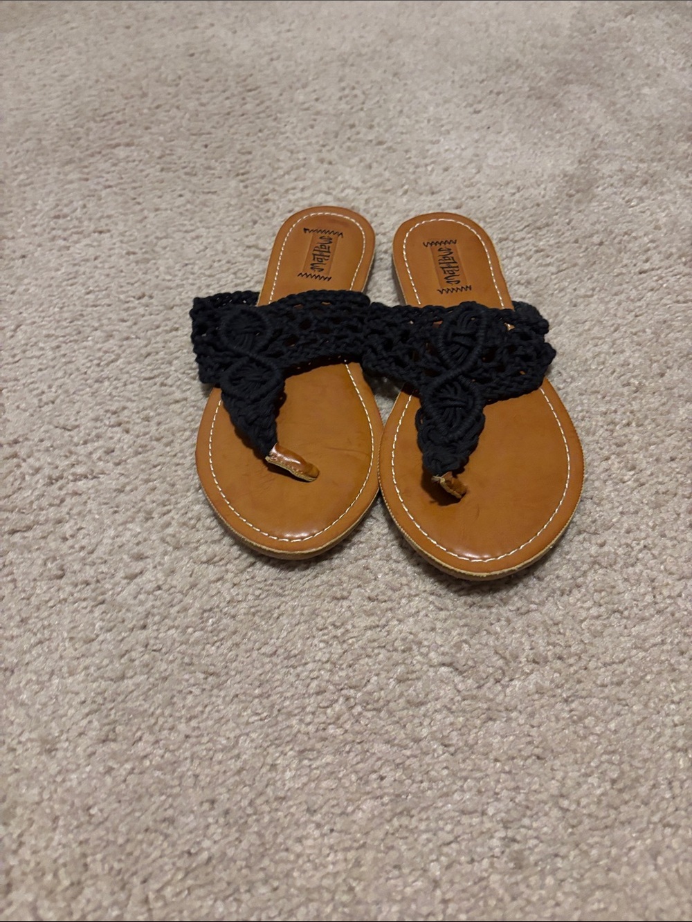 Mad Love Black Crochet Thong Sandals with Tan Footbed